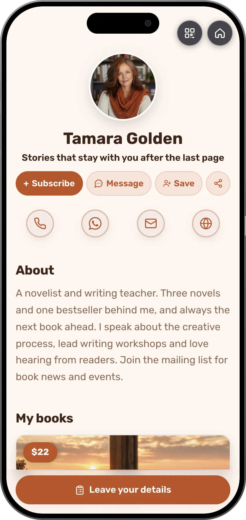 Author digital business card template: your books with links to buy them, and a Subscribe button for readers.