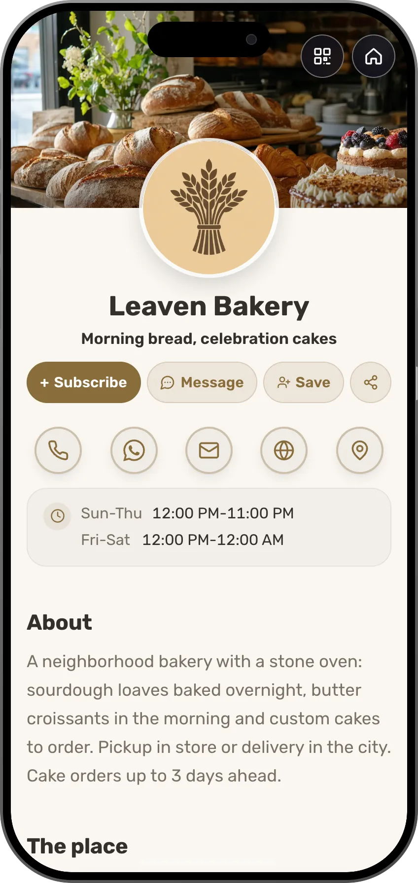 Bakery digital business card template: the cakes gallery, a price list, lead times, reviews and WhatsApp orders. A MyVisito template