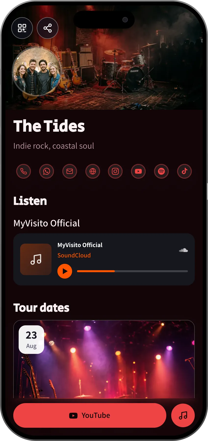 Band digital business card template: tour dates, videos and music. A MyVisito template