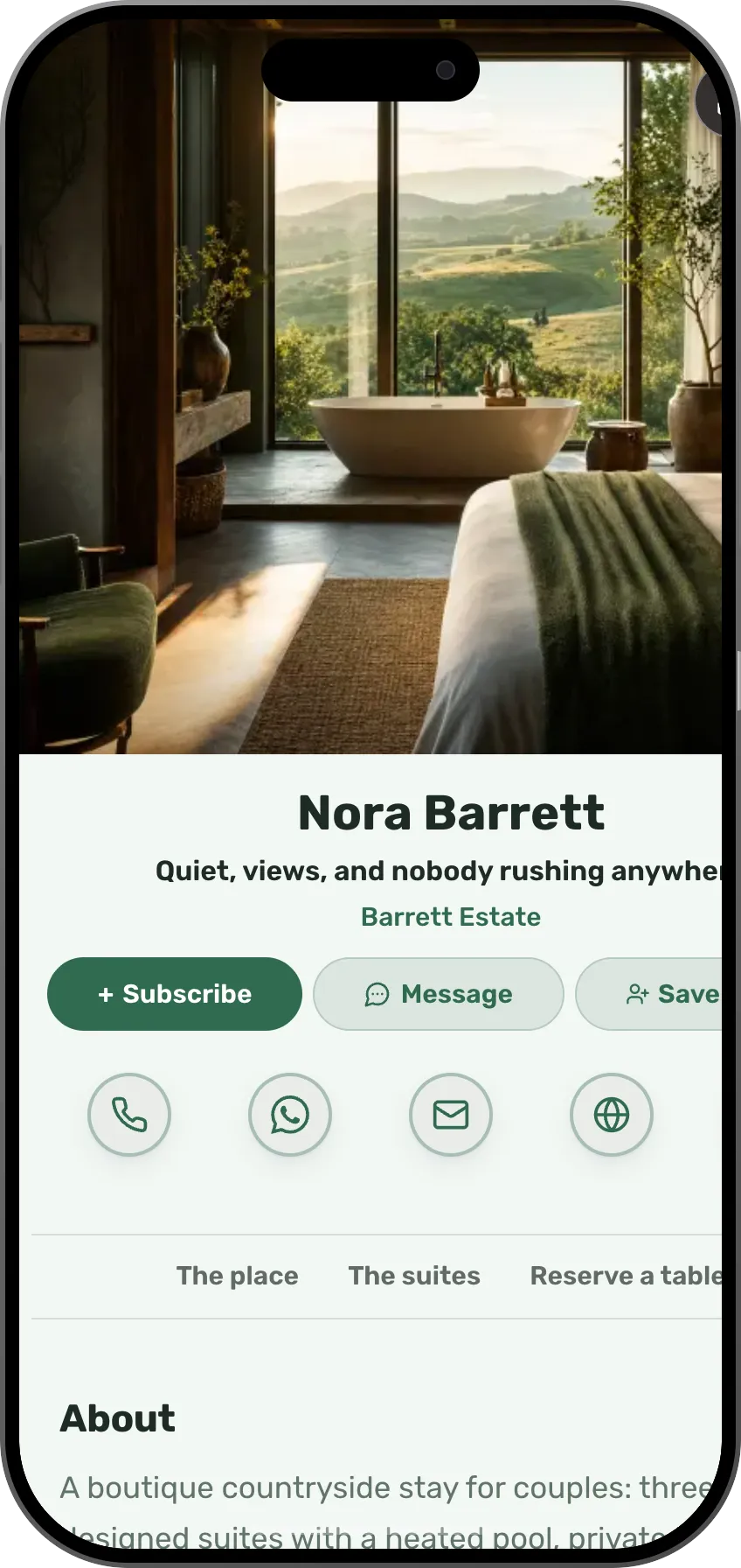 Digital business card template: Boutique stay. For boutique stays: the suites in photos, prices and a one-tap availability check.