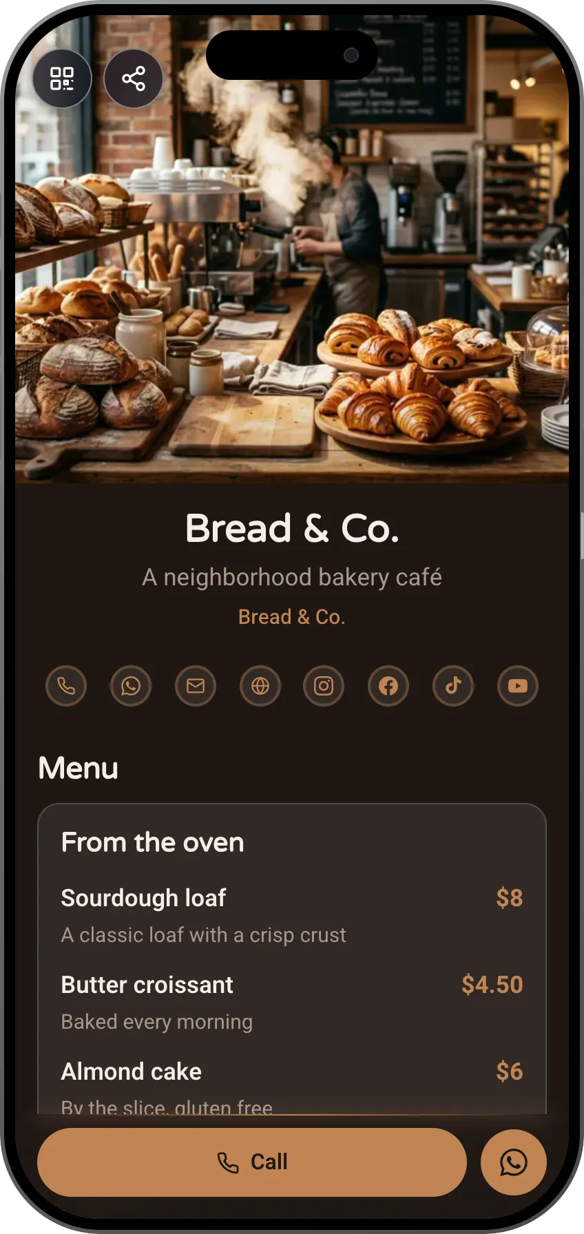 Café and bakery digital business card template: menu, gallery and opening hours. A MyVisito template