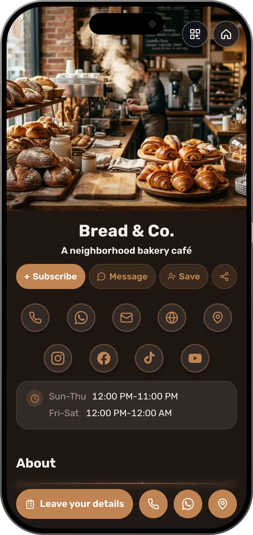 Café and bakery digital business card template: menu, gallery and opening hours. A MyVisito template