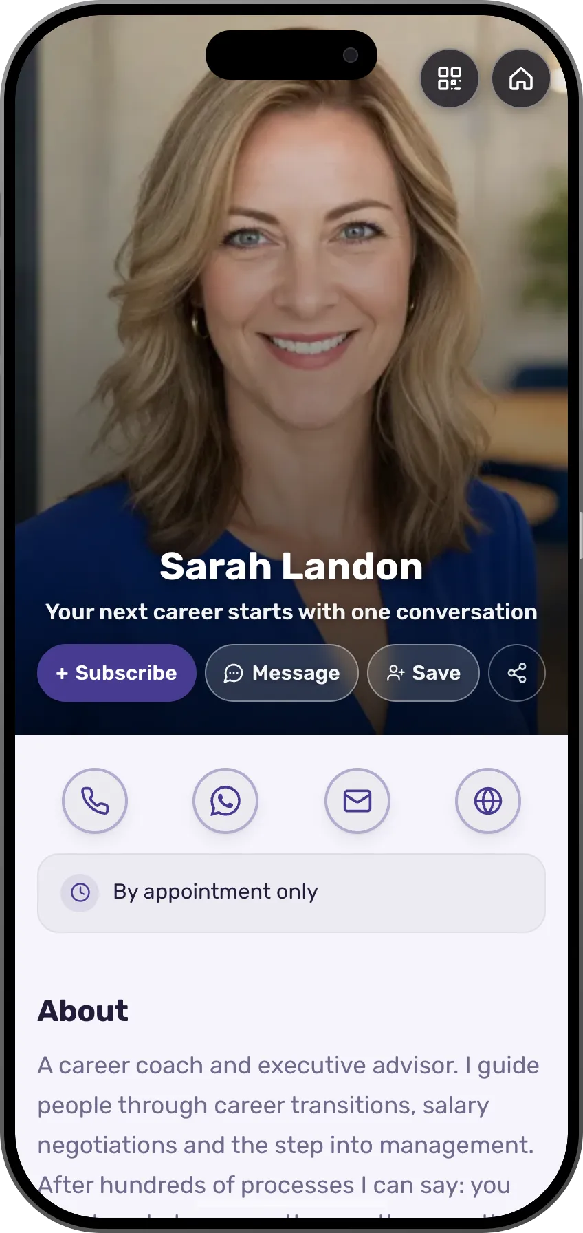 Digital business card template: Career coach. For career coaches: clear coaching programs and session booking straight from the card.