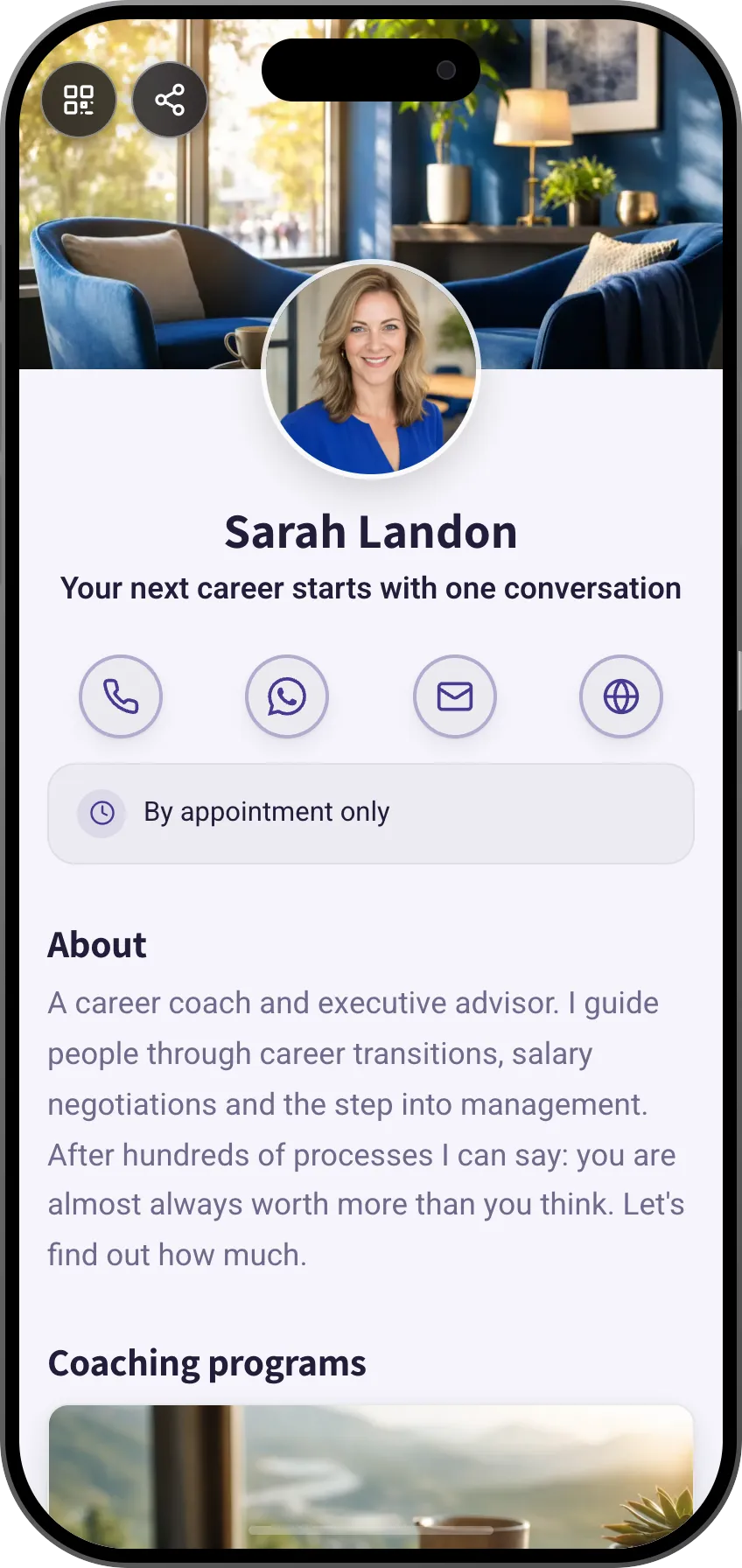 Digital business card template: Career coach. For career coaches: clear coaching programs and session booking straight from the card.