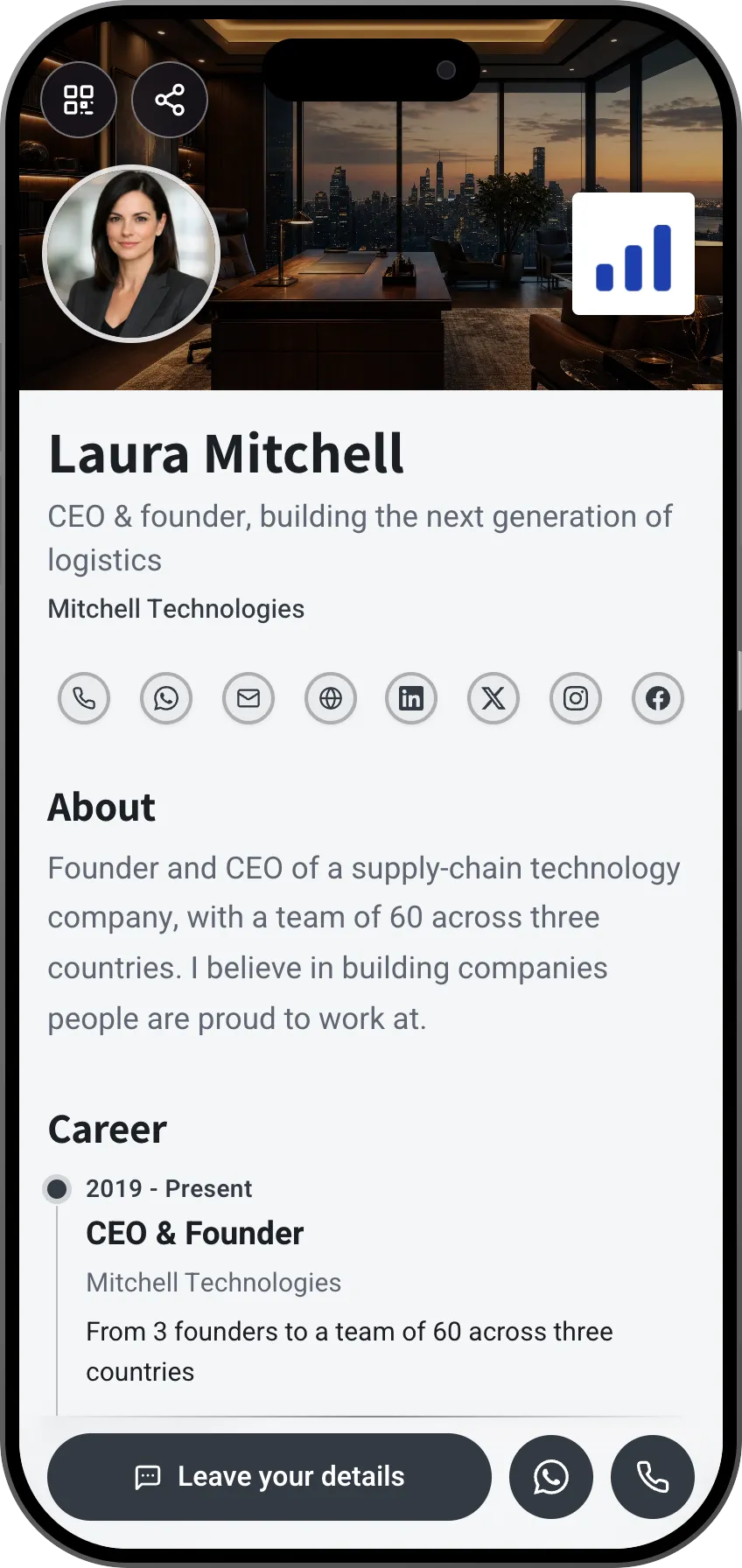 CEO digital business card template: company logo and LinkedIn. A MyVisito template