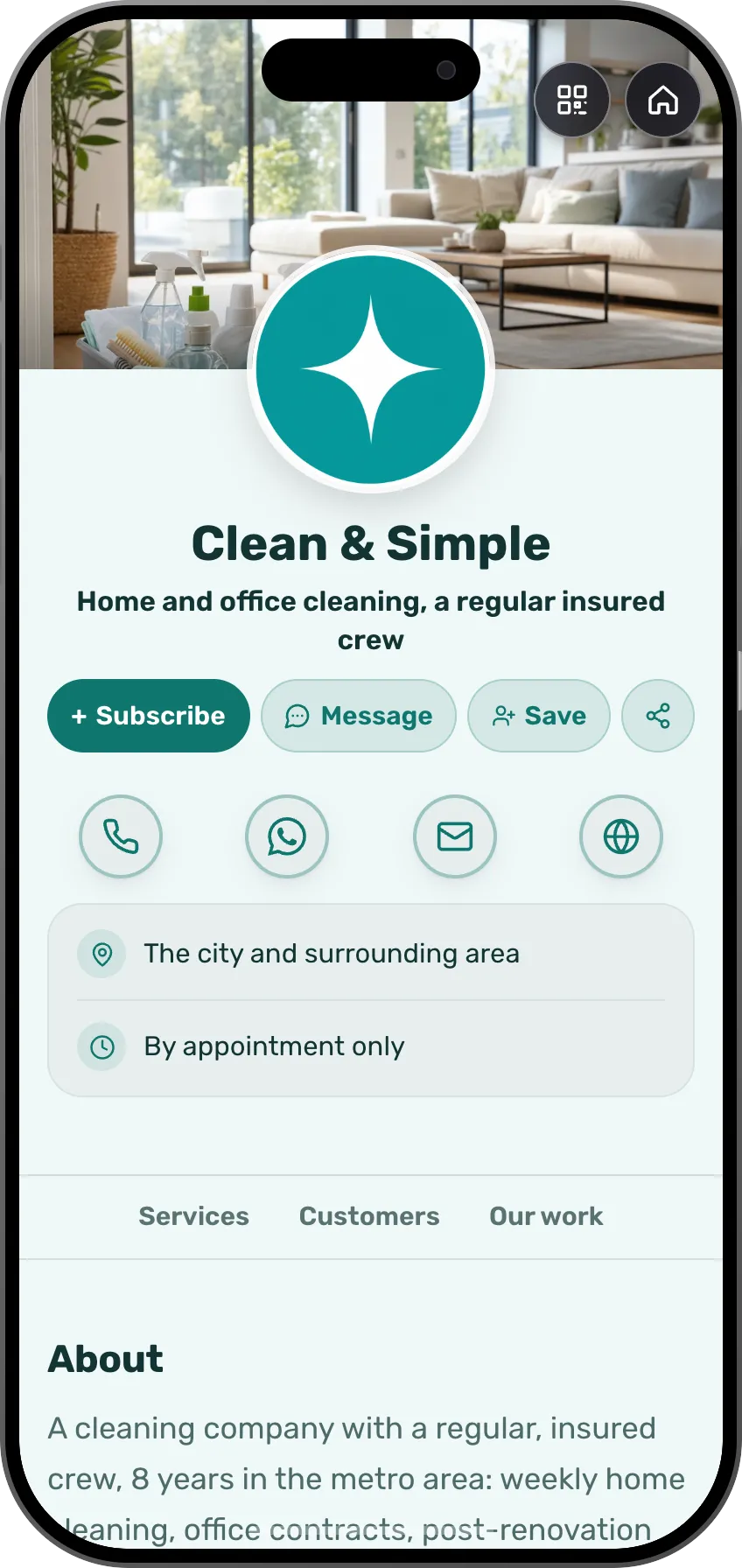 Cleaning company digital business card template: services, an hourly rate, reviews and a quote request. A MyVisito template