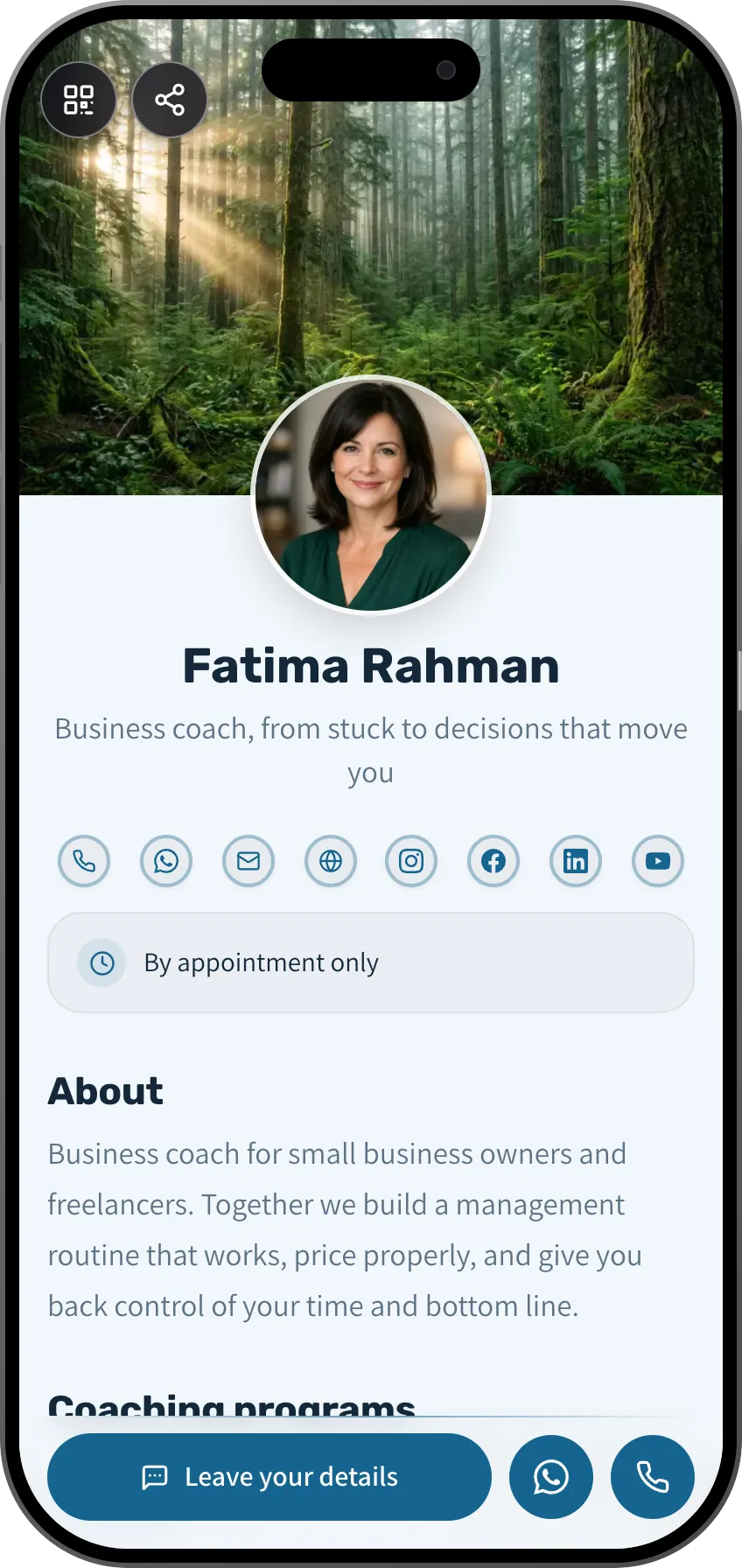 Business coach digital business card template: coaching programs and courses. A MyVisito template