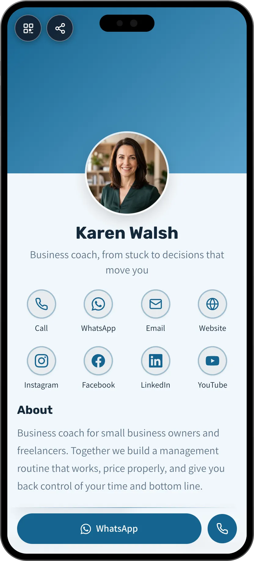 Business coach digital business card template: coaching programs and courses. A MyVisito template