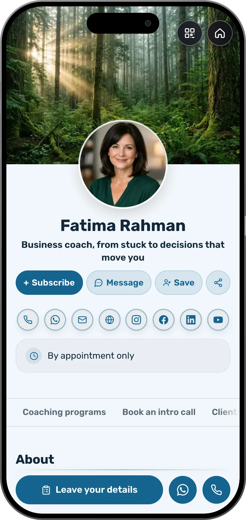 Business coach digital business card template: coaching programs and courses. A MyVisito template