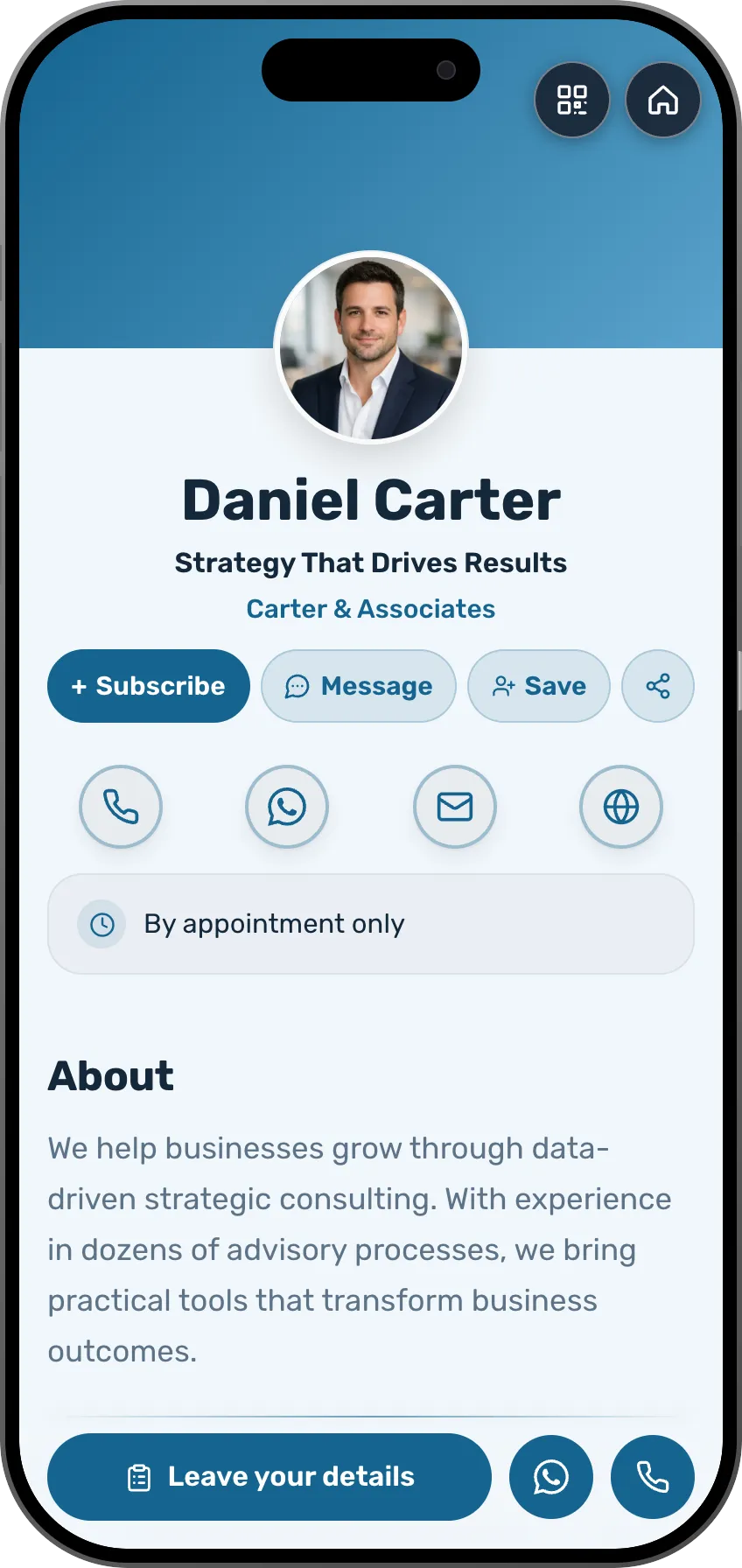 Consultant digital business card template: portfolio and contact details. A MyVisito template