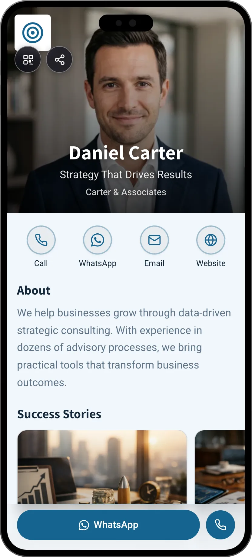 Consultant digital business card template: portfolio and contact details. A MyVisito template
