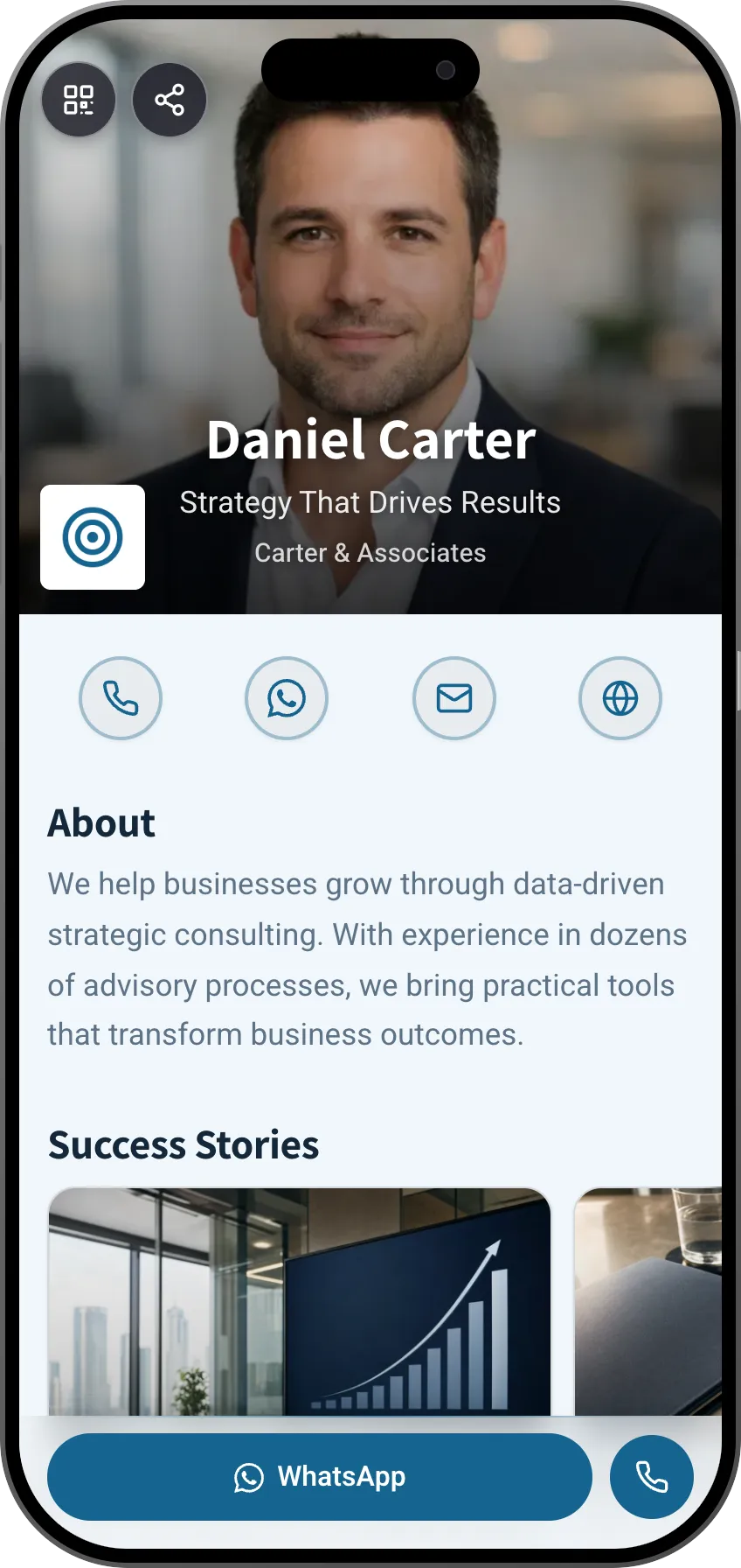Consultant digital business card template: portfolio and contact details. A MyVisito template