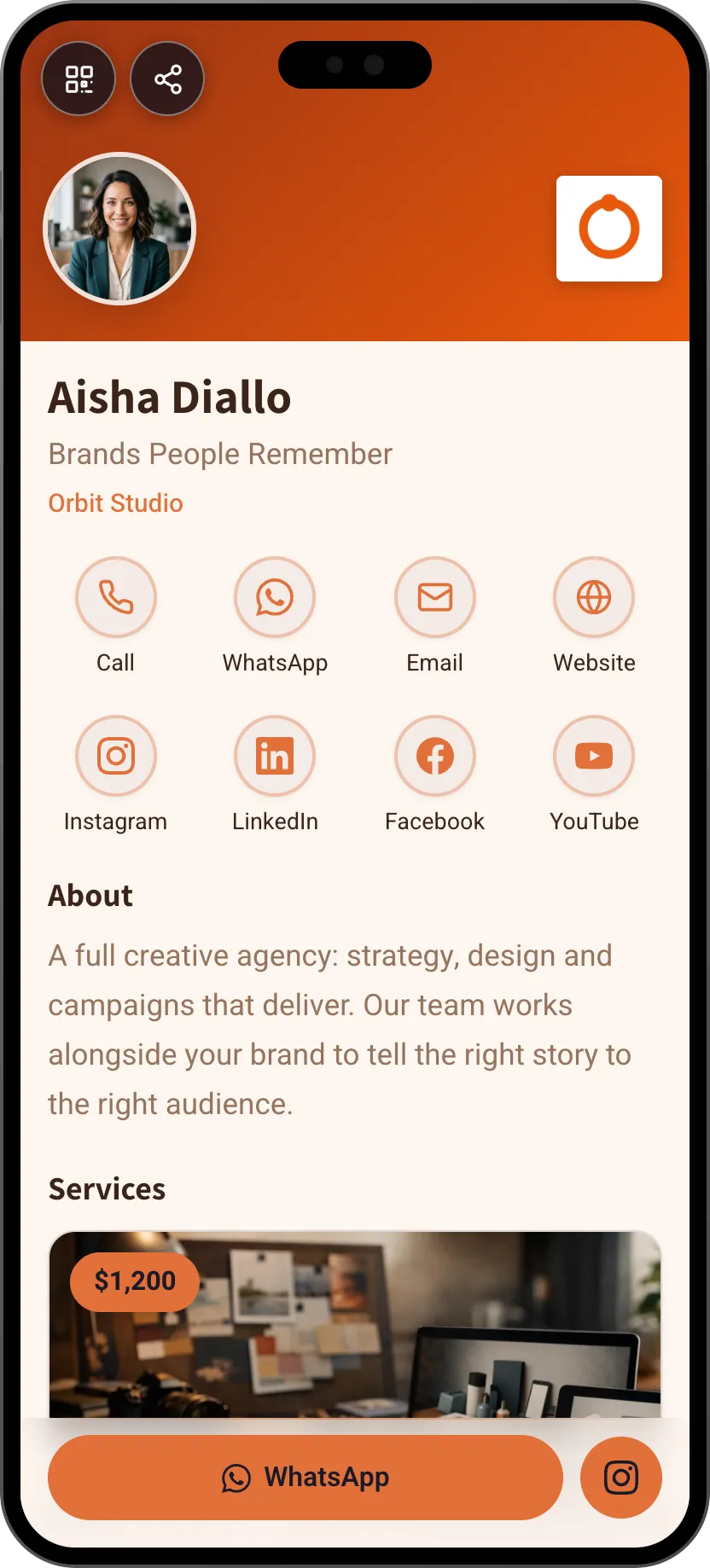 Digital agency business card template: logo and services. A MyVisito template