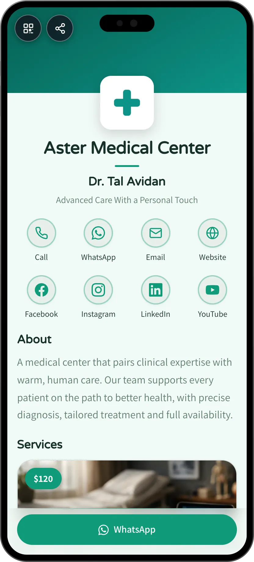 Private clinic digital business card template: services and booking. A MyVisito template