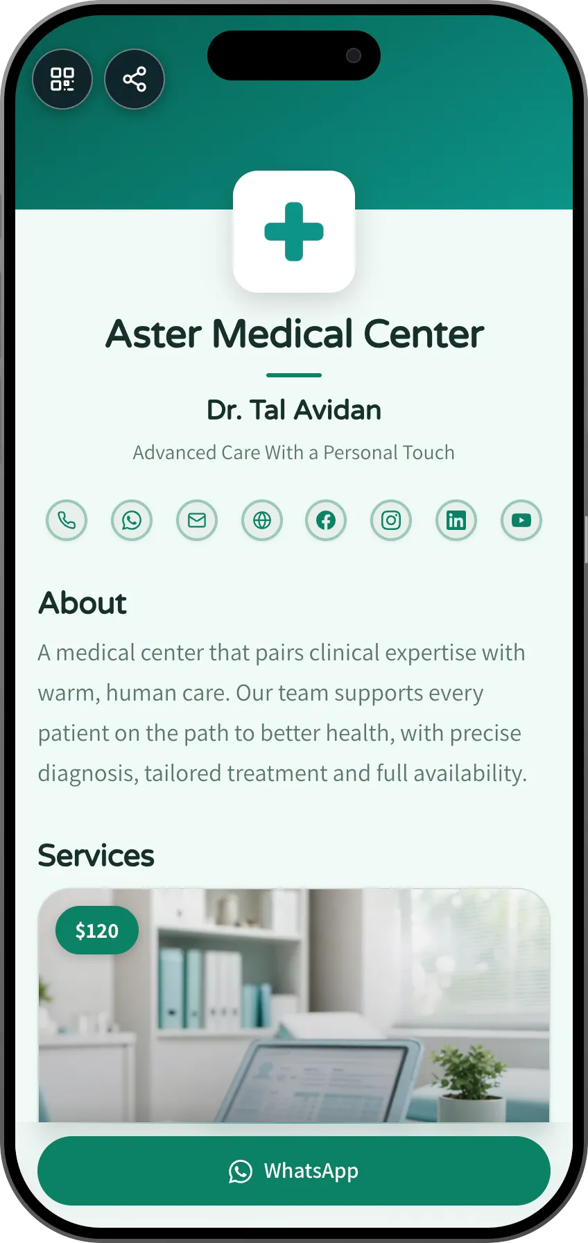 Private clinic digital business card template: services and booking. A MyVisito template
