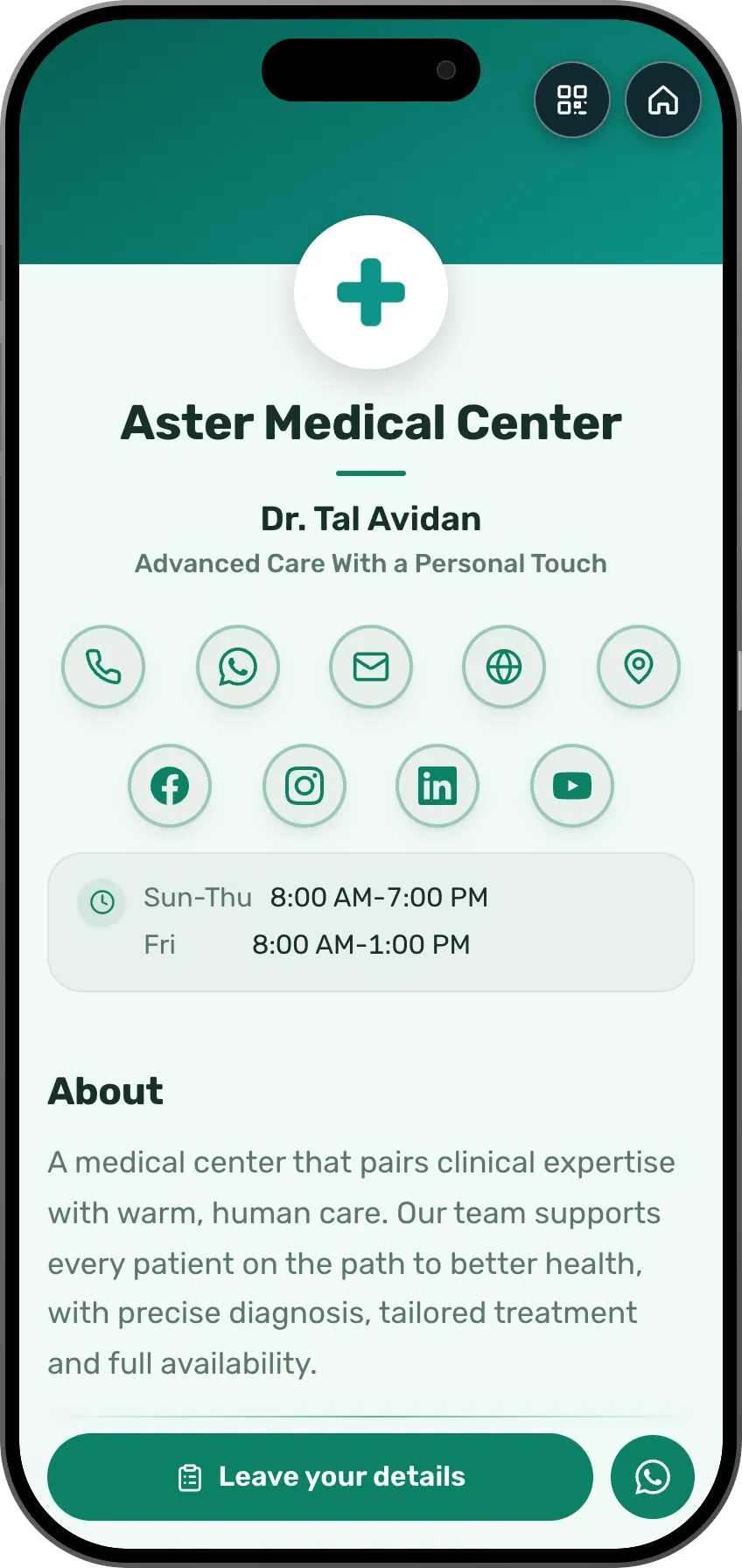 Private clinic digital business card template: services and booking. A MyVisito template