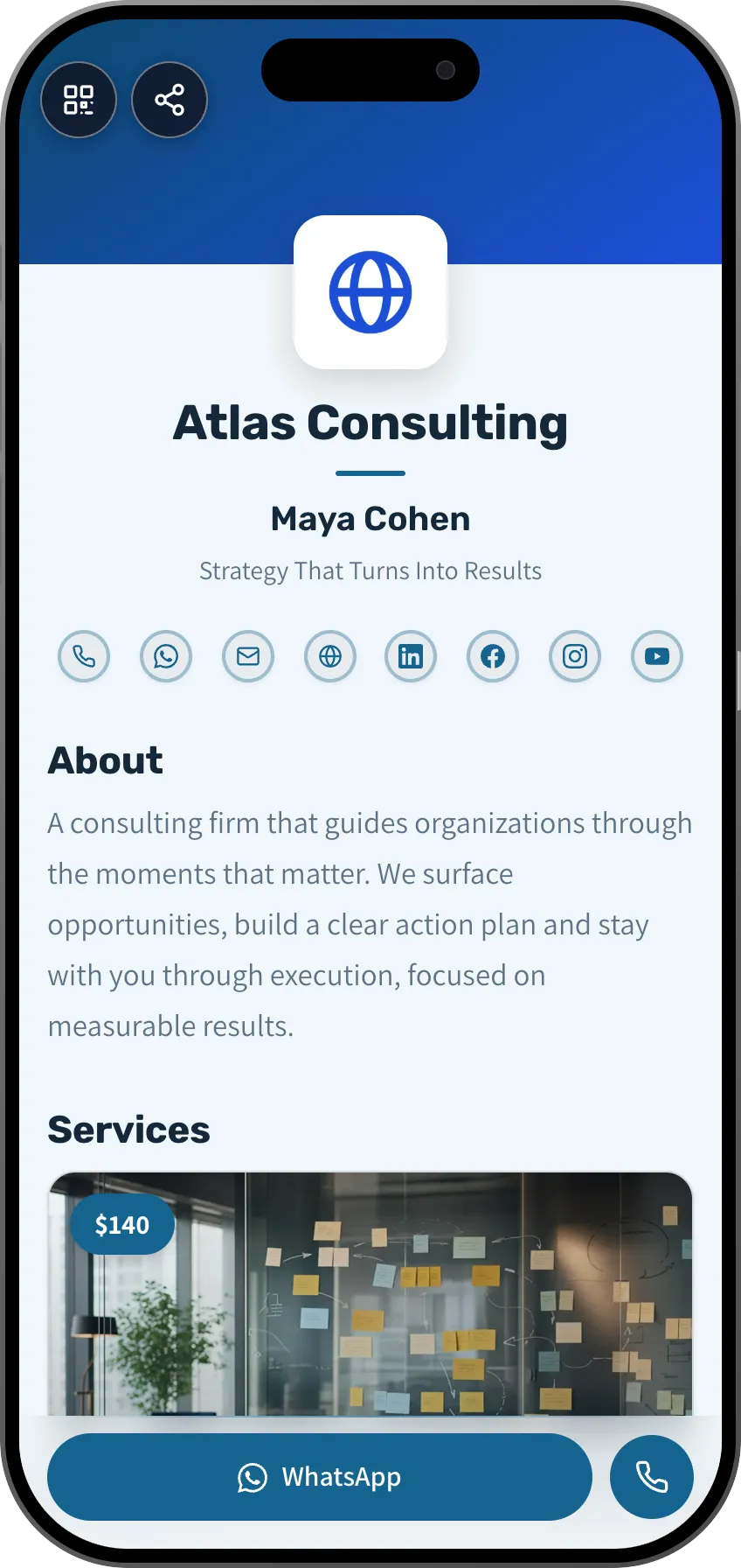 Consulting firm digital business card template: logo and services. A MyVisito template