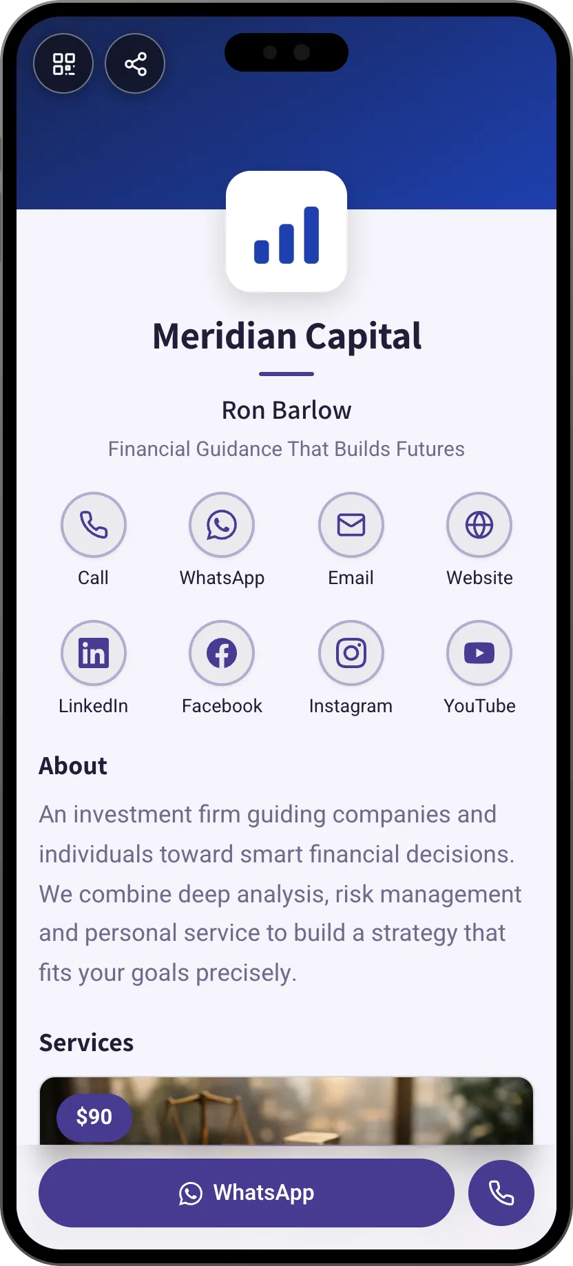 Finance firm digital business card template: company logo and services. A MyVisito template