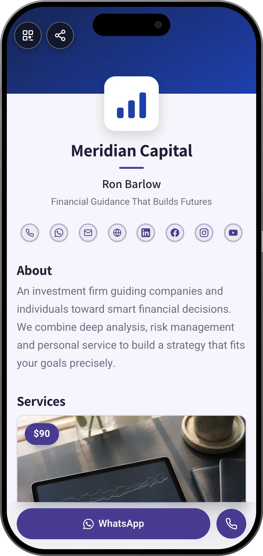 Finance firm digital business card template: company logo and services. A MyVisito template