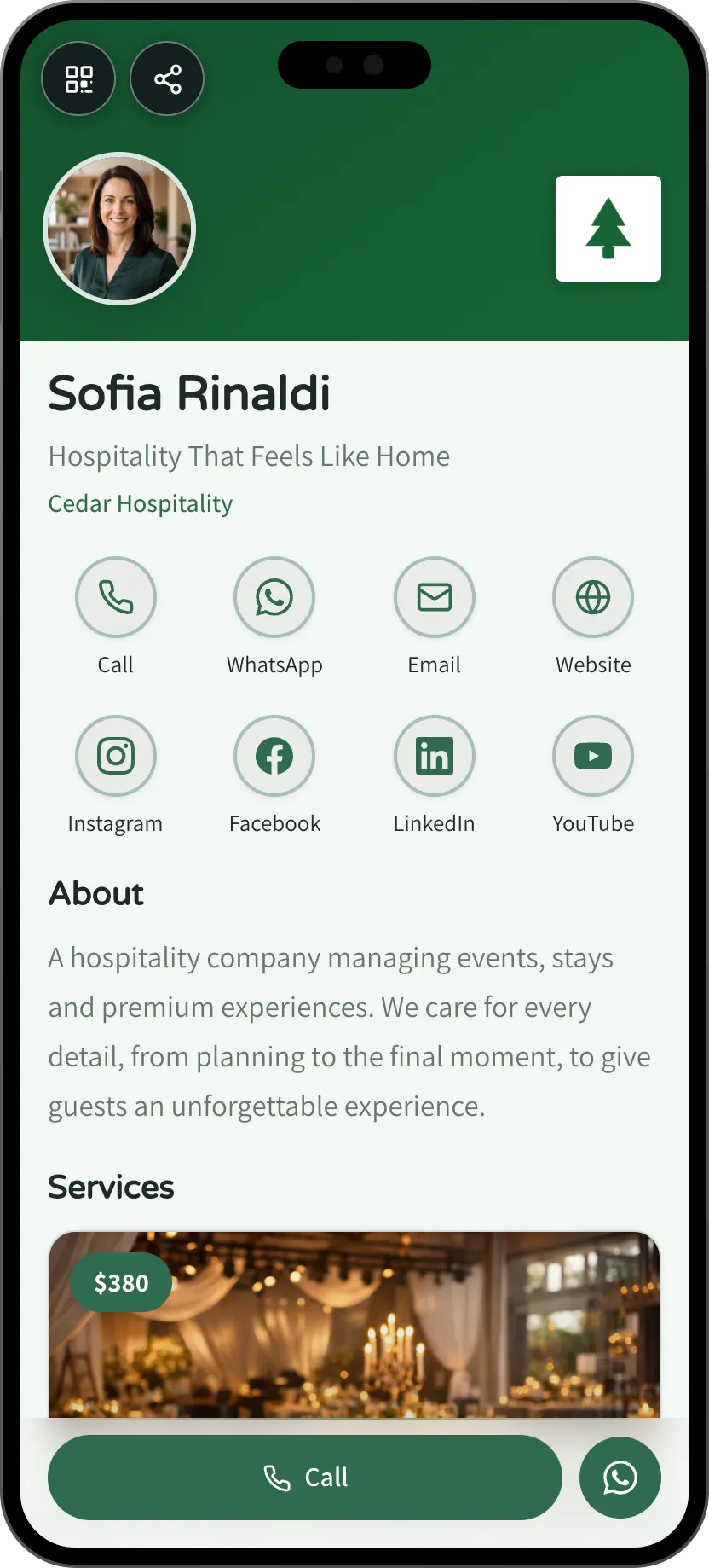 Hospitality business digital card template: logo and services. A MyVisito template