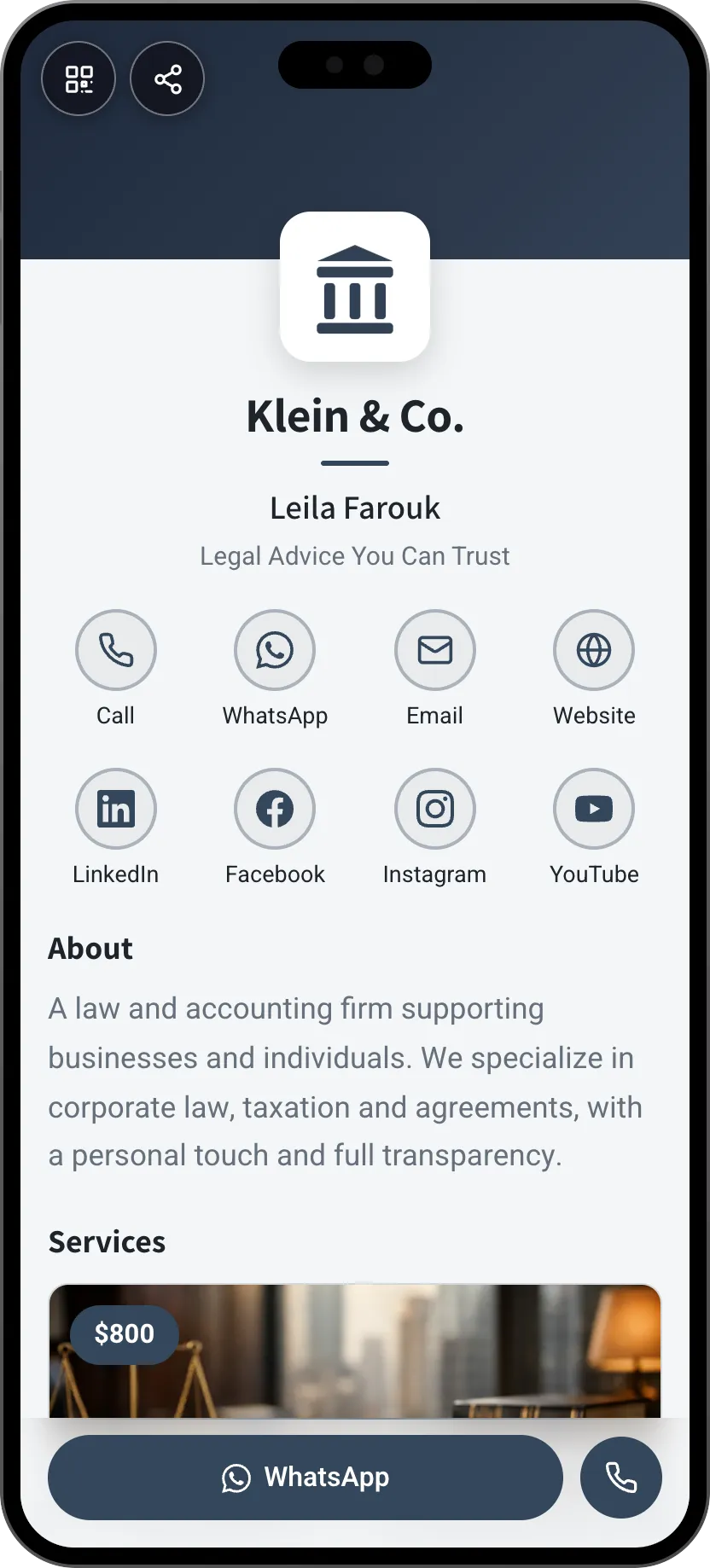 Law firm digital business card template: logo and specialties. A MyVisito template