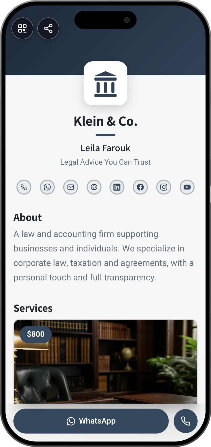 Law firm digital business card template: logo and specialties. A MyVisito template