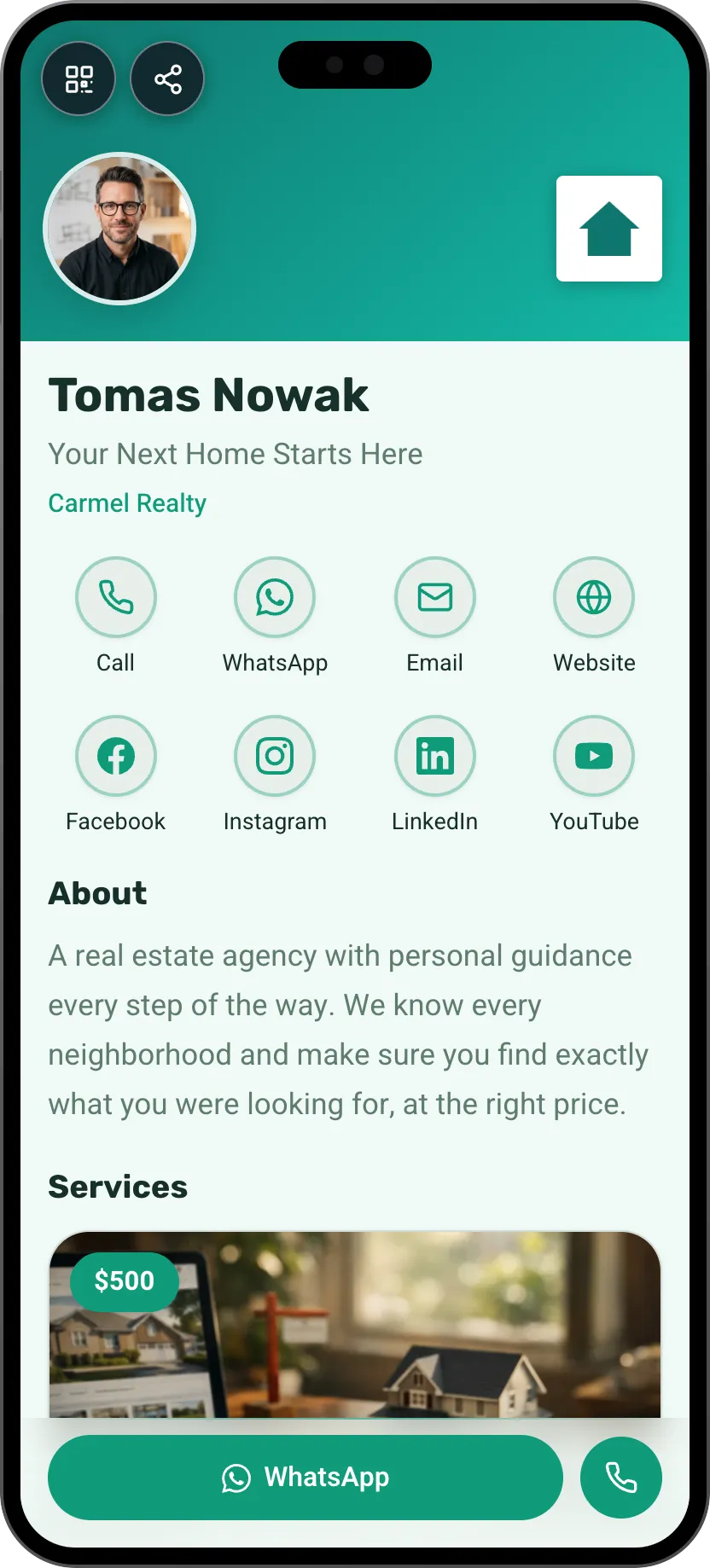 Real estate firm digital business card template: logo and listings. A MyVisito template