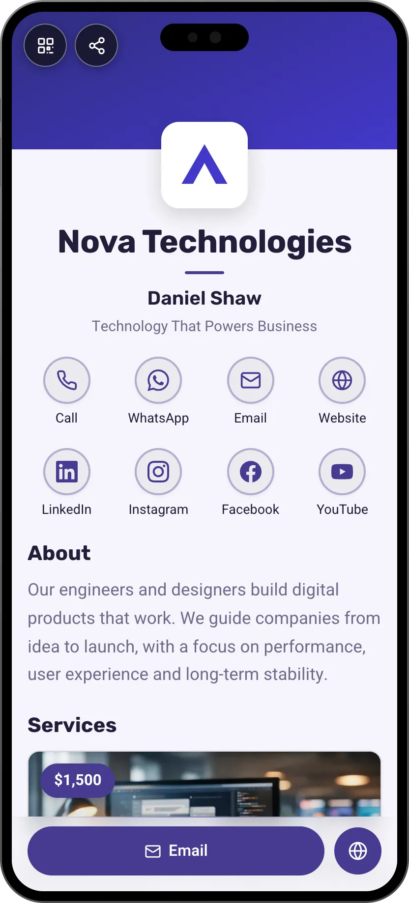 Tech company digital business card template: logo, about and success stories. A MyVisito template
