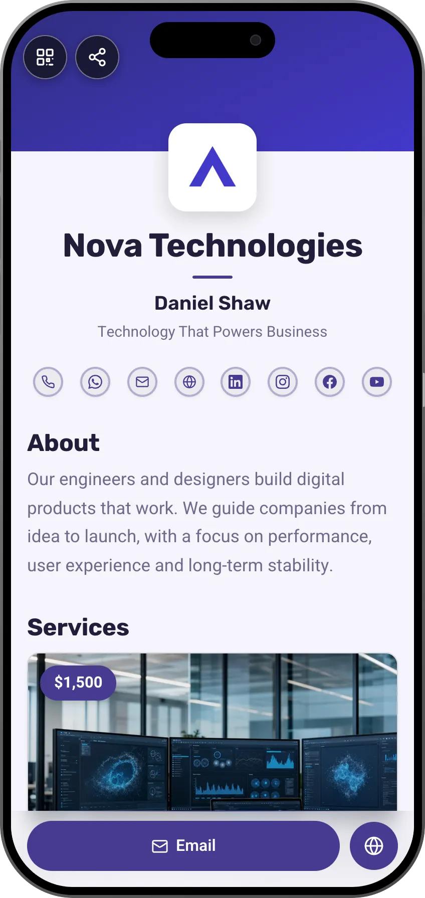 Tech company digital business card template: logo, about and success stories. A MyVisito template