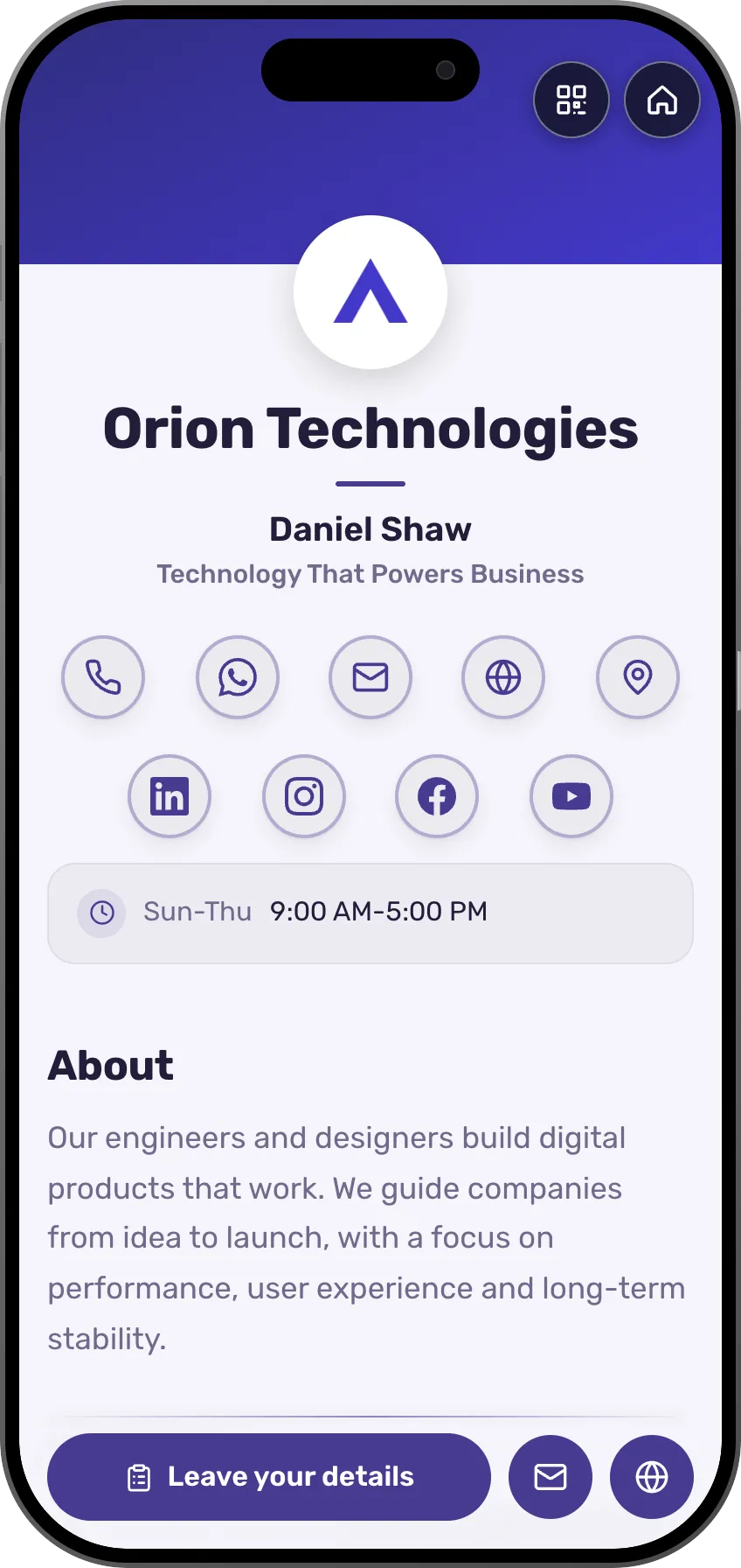 Tech company digital business card template: logo, about and success stories. A MyVisito template