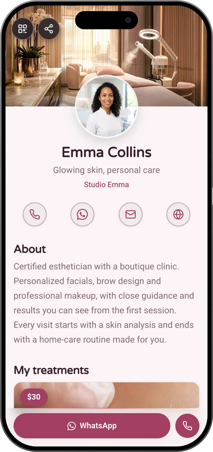 Cosmetician digital business card template: facials, brow design and makeup with photos, before and after, a price list and appointment booking. A MyVisito template