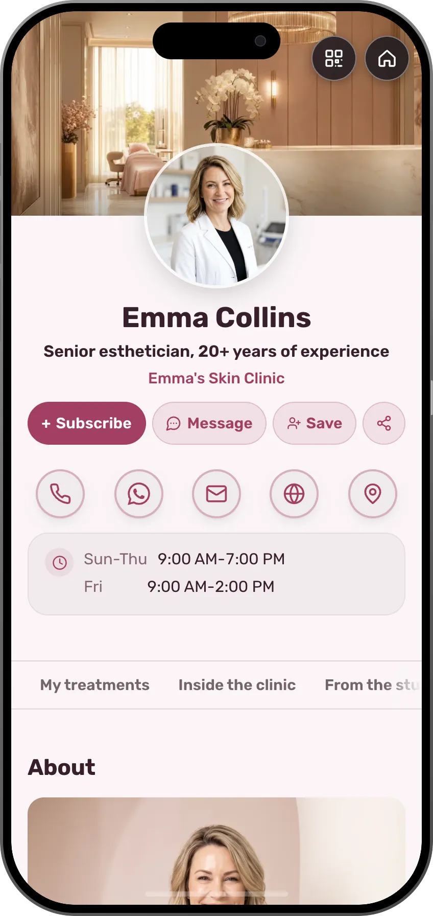 Cosmetician digital business card template: facials, brow design and makeup with photos, before and after, a price list and appointment booking. A MyVisito template