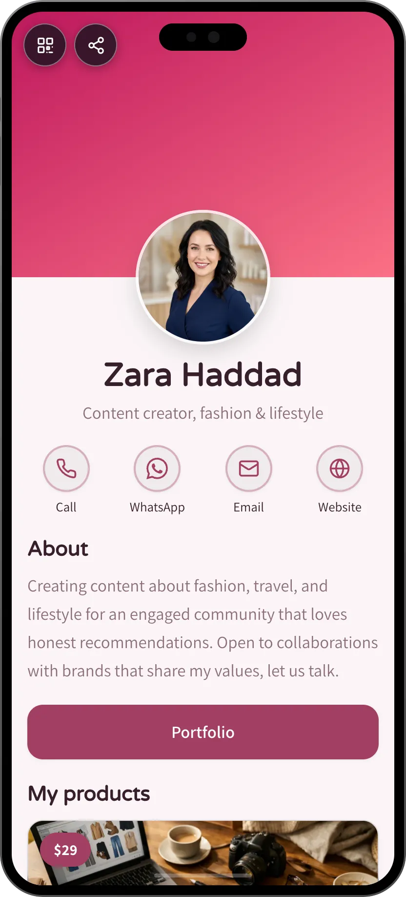 Content creator digital business card template: digital products and leads. A MyVisito template
