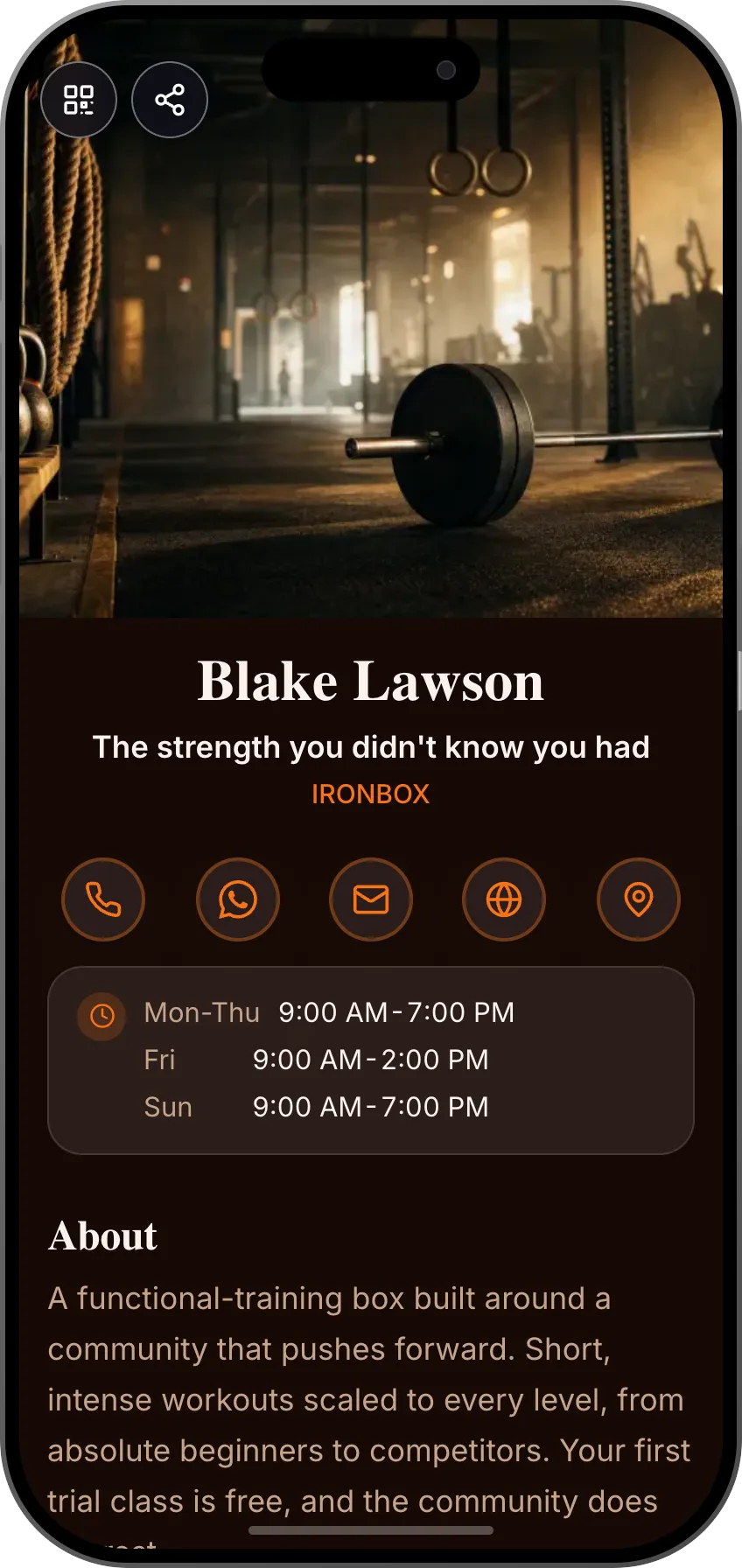 Digital business card template: CrossFit box. For functional fitness boxes: training programs, a community that vouches, and a one-tap trial workout.
