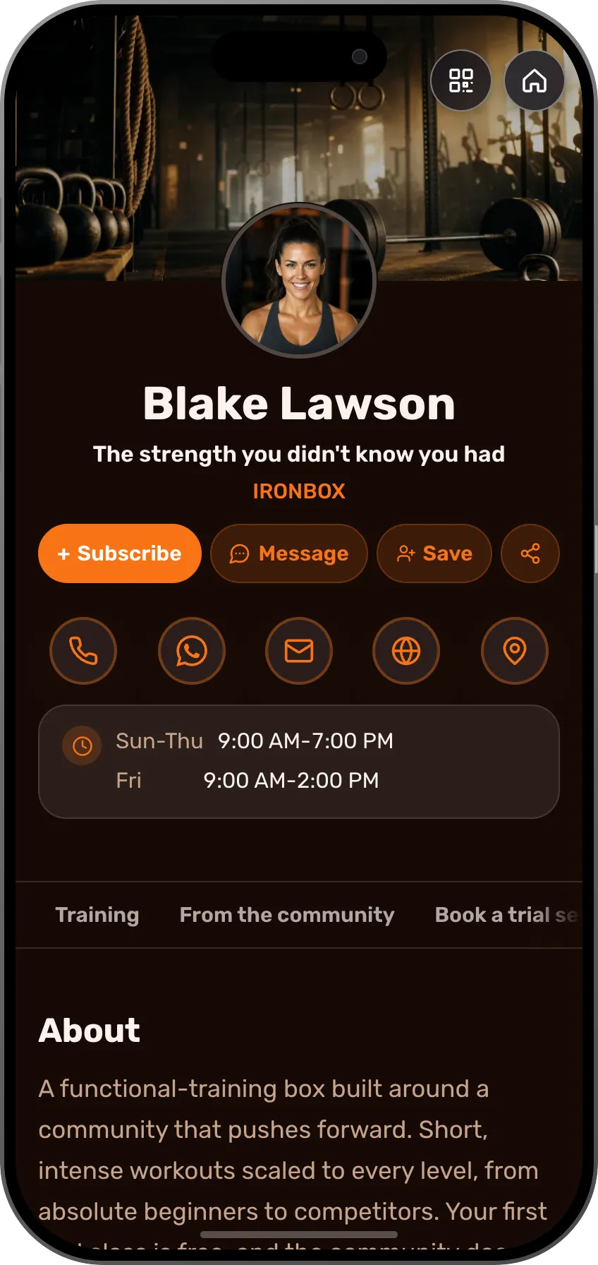 CrossFit box digital business card template: training programs, member testimonials and trial-workout signup.