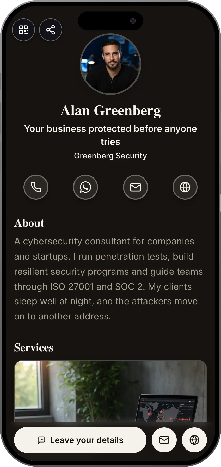 Digital business card template: Cybersecurity. For security consultants: penetration testing, compliance guidance, a podcast and testimonials in a sharp dark look.