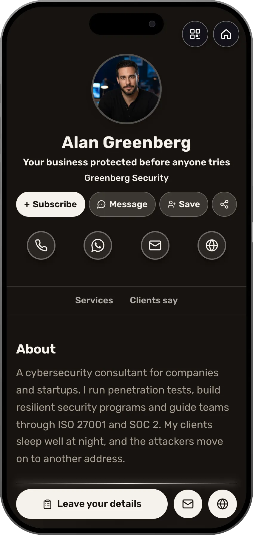 Digital business card template: Cybersecurity. For security consultants: penetration testing, compliance guidance, a podcast and testimonials in a sharp dark look.