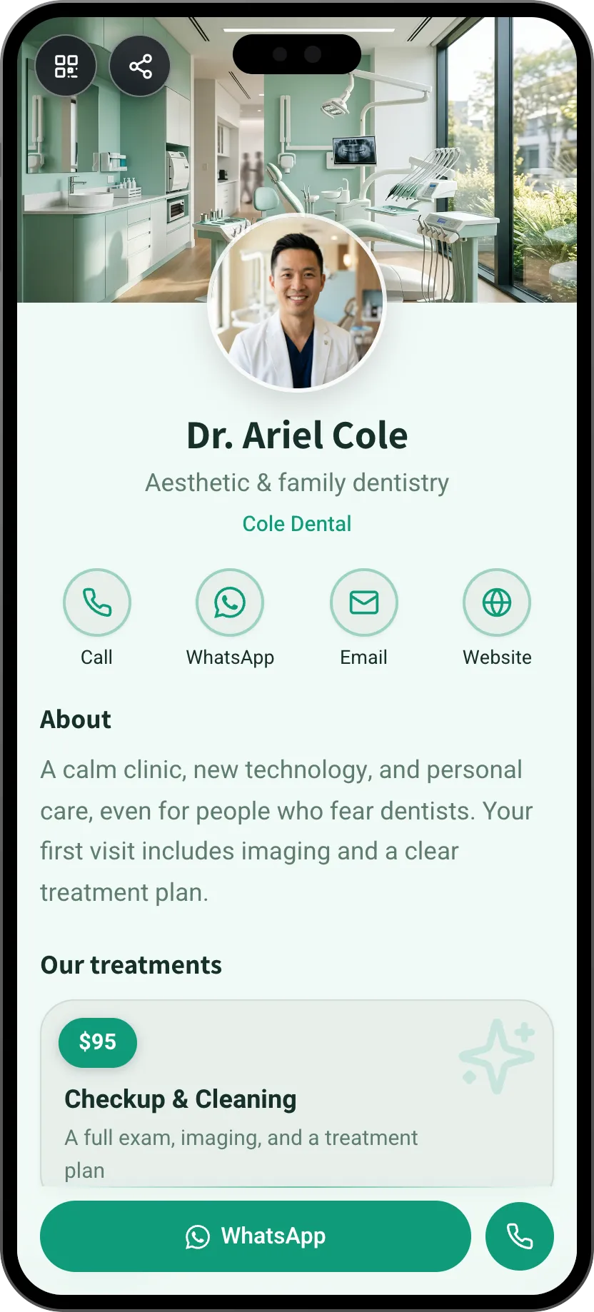 Dentist digital business card template: treatments and appointment booking. A MyVisito template