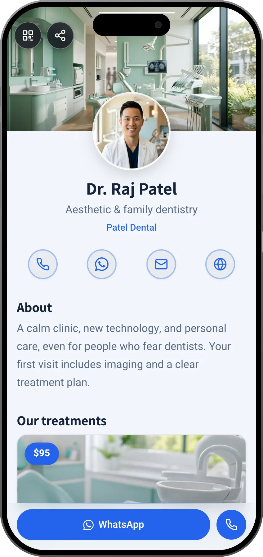 Dentist digital business card template: treatments and appointment booking. A MyVisito template