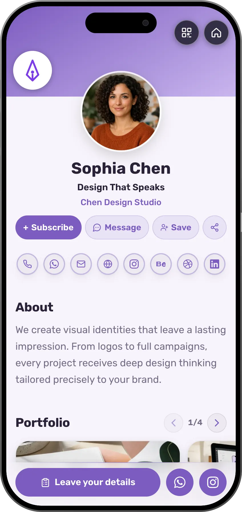 Designer digital business card template: portfolio and social links. A MyVisito template