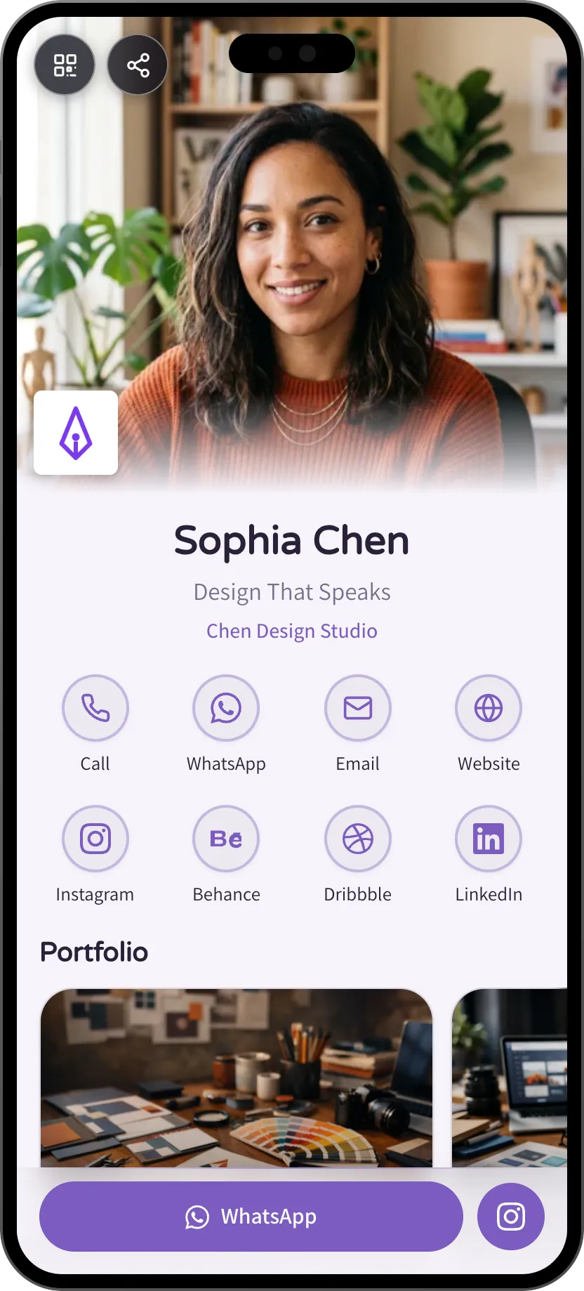Designer digital business card template: portfolio and social links. A MyVisito template