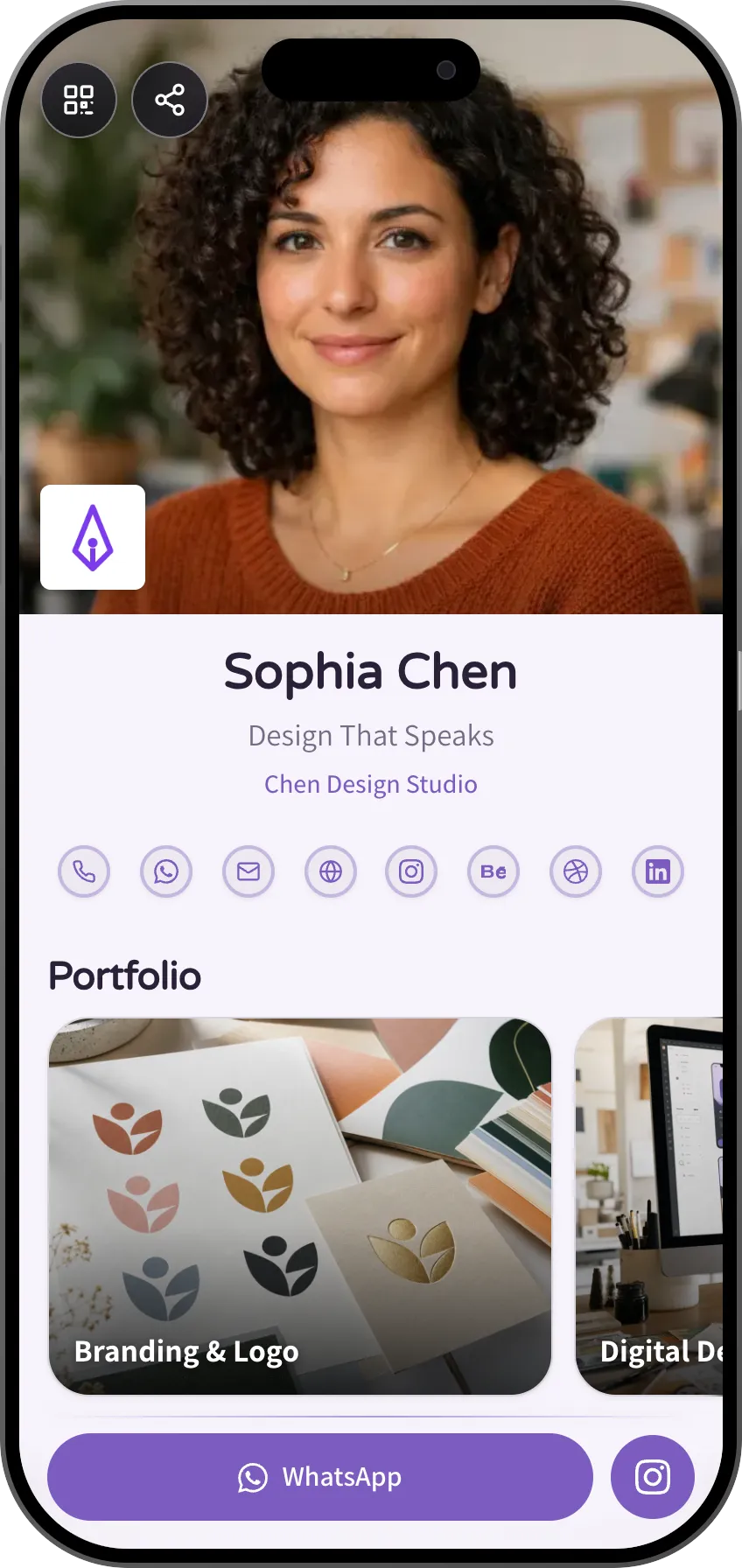 Designer digital business card template: portfolio and social links. A MyVisito template
