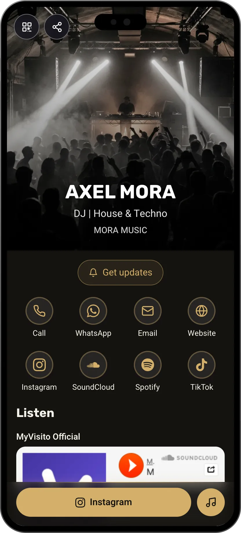 DJ digital business card template for clubs: gig schedule, mixes and a join-the-community button. A MyVisito template