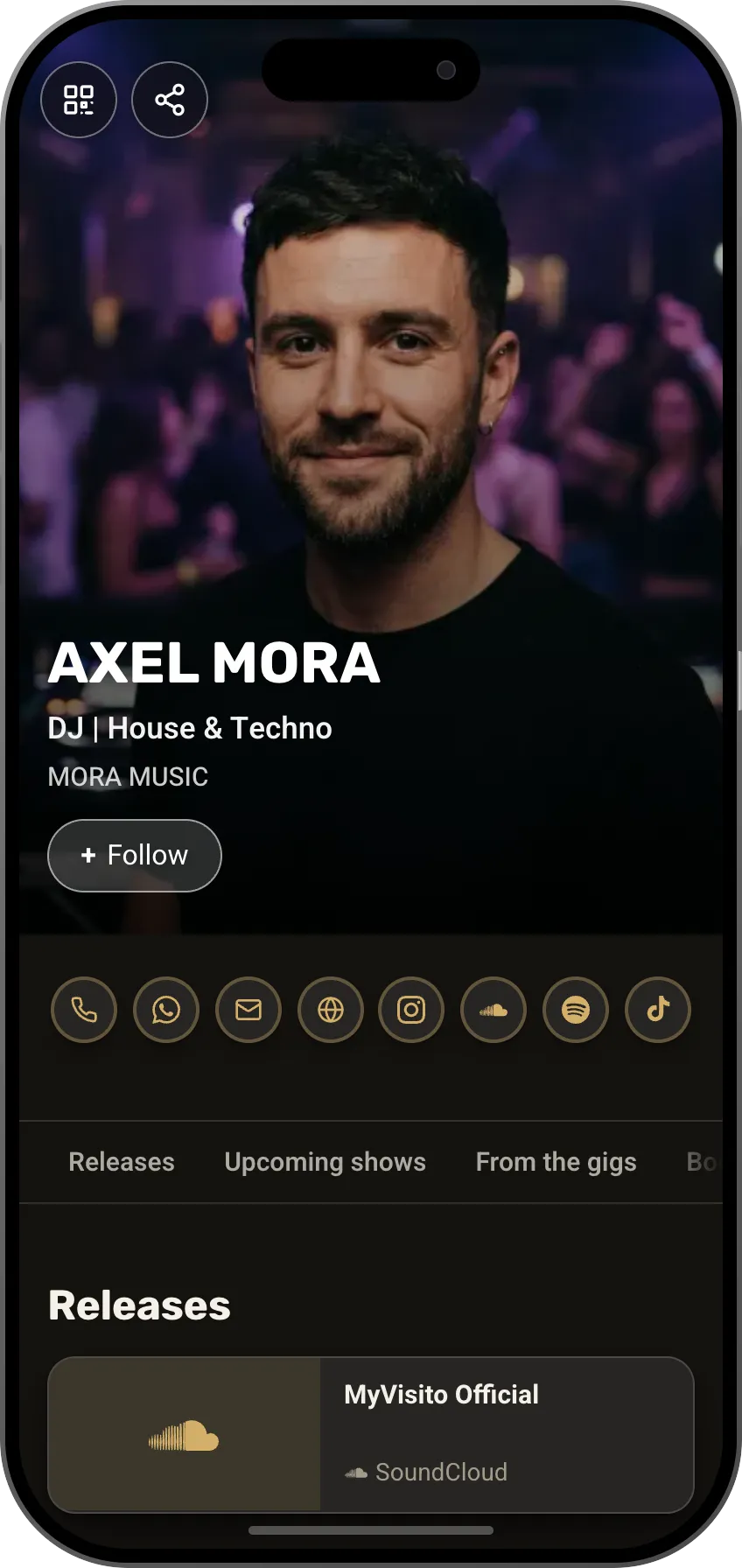 DJ digital business card template for clubs: gig schedule, mixes and a join-the-community button. A MyVisito template
