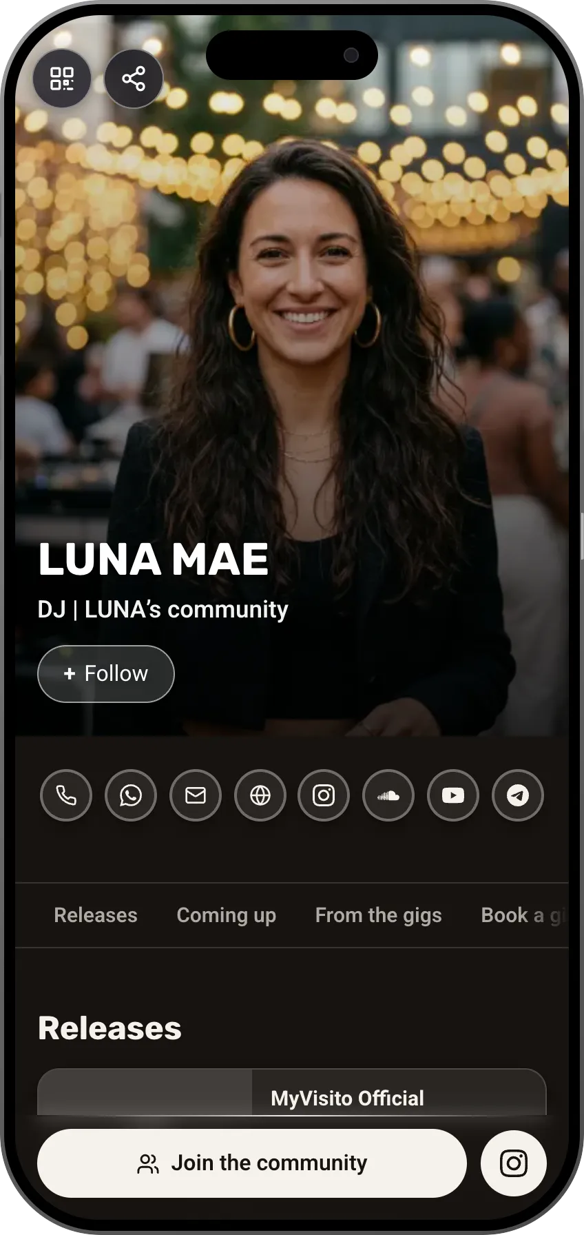 Community-first DJ digital business card template: updates signup and party schedule. A MyVisito template