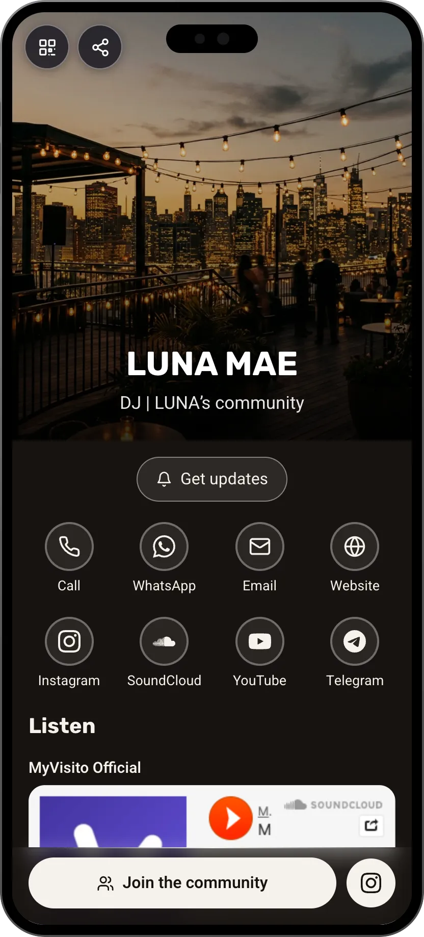 Community-first DJ digital business card template: updates signup and party schedule. A MyVisito template