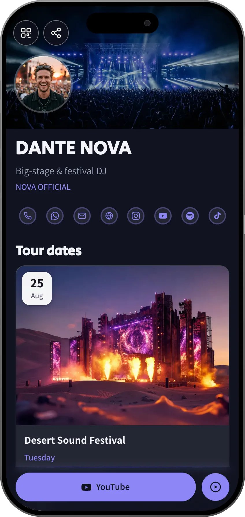 Festival DJ digital business card template: tour dates, video and a booking button. A MyVisito template
