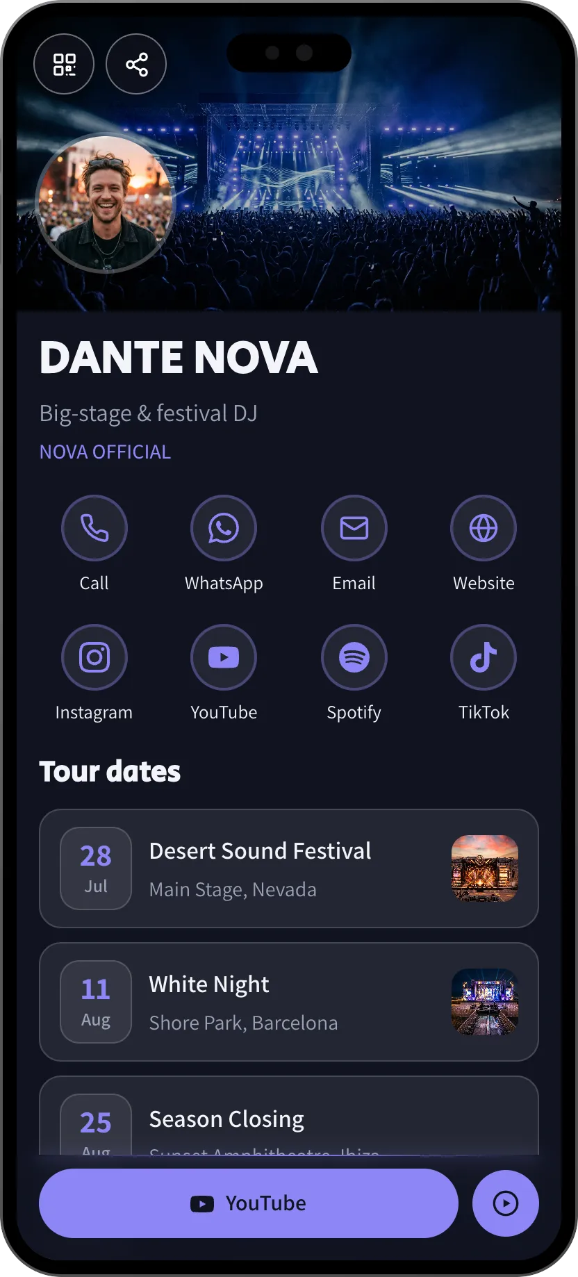 Festival DJ digital business card template: tour dates, video and a booking button. A MyVisito template