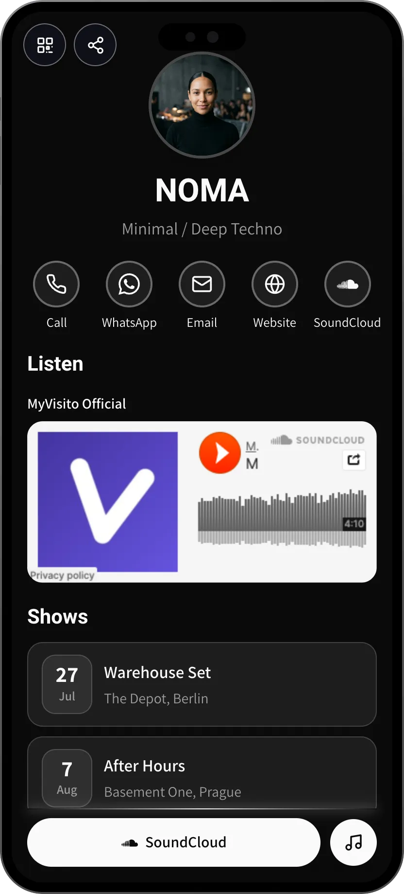 Minimal techno DJ digital business card template: mixes and show dates. A MyVisito template