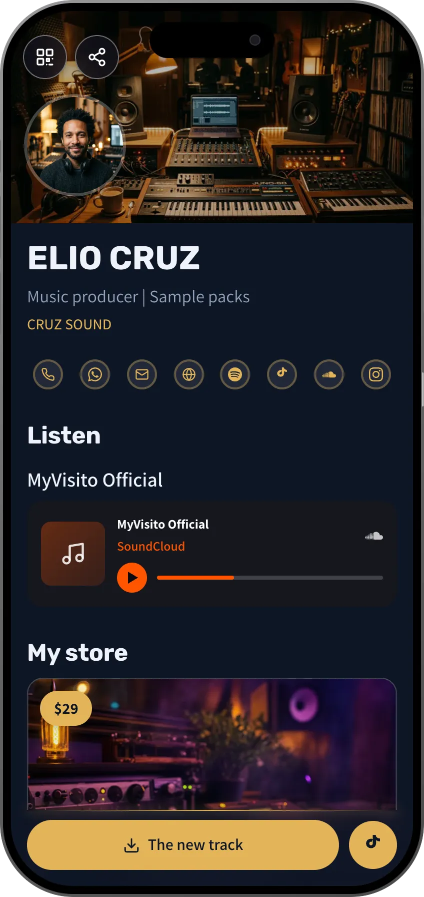 Music producer digital business card template: sample pack store and mixes. A MyVisito template